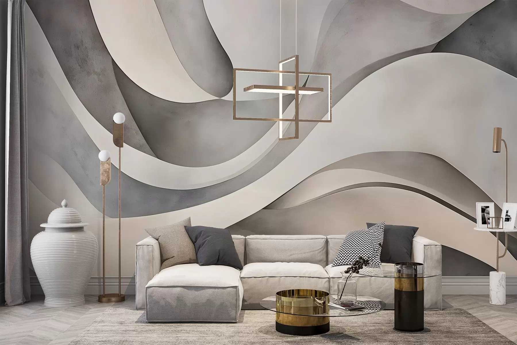 wall murals Бели, беж и сиви закривљени облици и форме стварају апстрактну текстуру модерног минималистичког отиска w08439