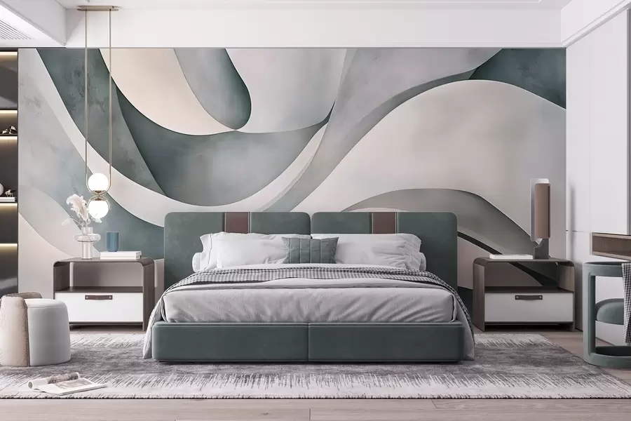 wall murals Бели, плави и сиви закривљени облици и форме стварају апстрактну текстуру модерног минималистичког отиска w08439v1
