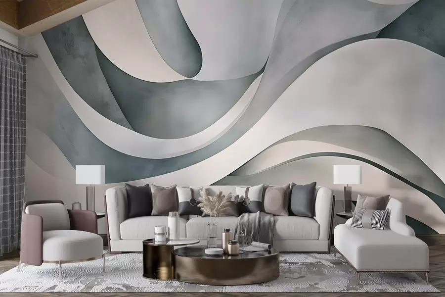 wall murals Бели, плави и сиви закривљени облици и форме стварају апстрактну текстуру модерног минималистичког отиска w08439v1