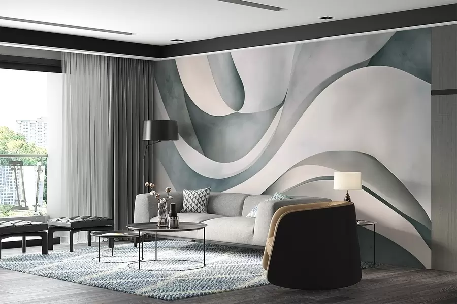wall murals Бели, плави и сиви закривљени облици и форме стварају апстрактну текстуру модерног минималистичког отиска w08439v1