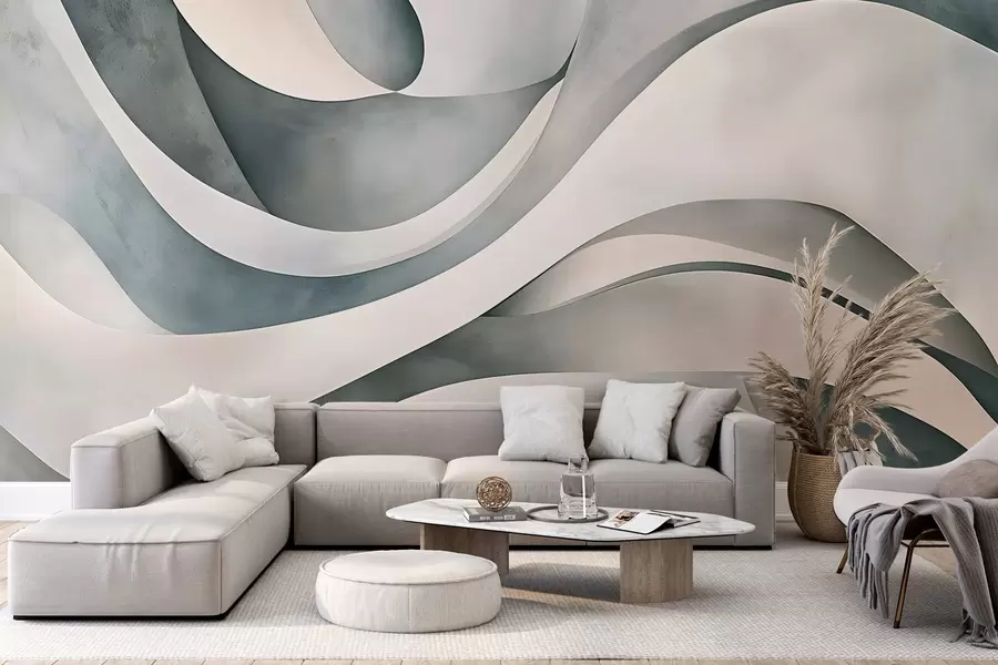 wall murals Бели, плави и сиви закривљени облици и форме стварају апстрактну текстуру модерног минималистичког отиска w08439v1