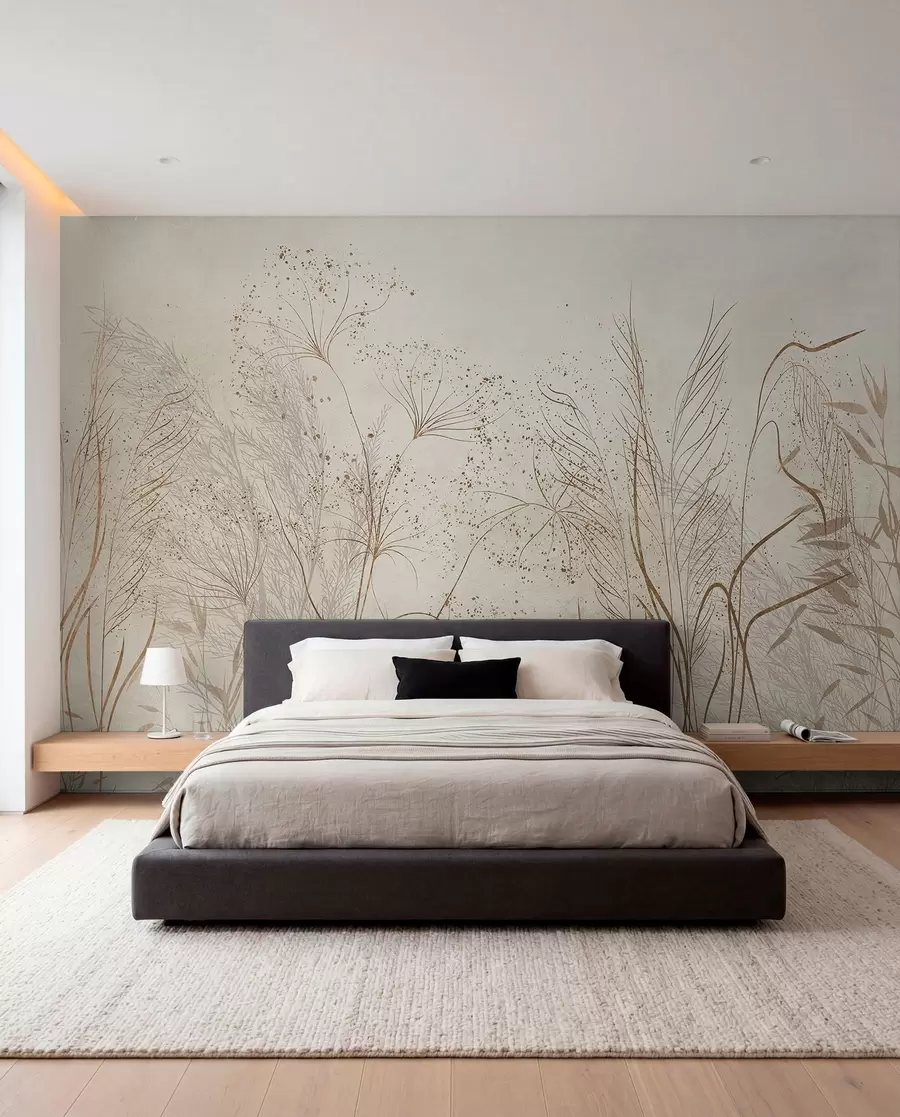 wall murals Једнобојна илустрација разних беж биљака и класова са деликатним, танким линијама и текстурама w08441