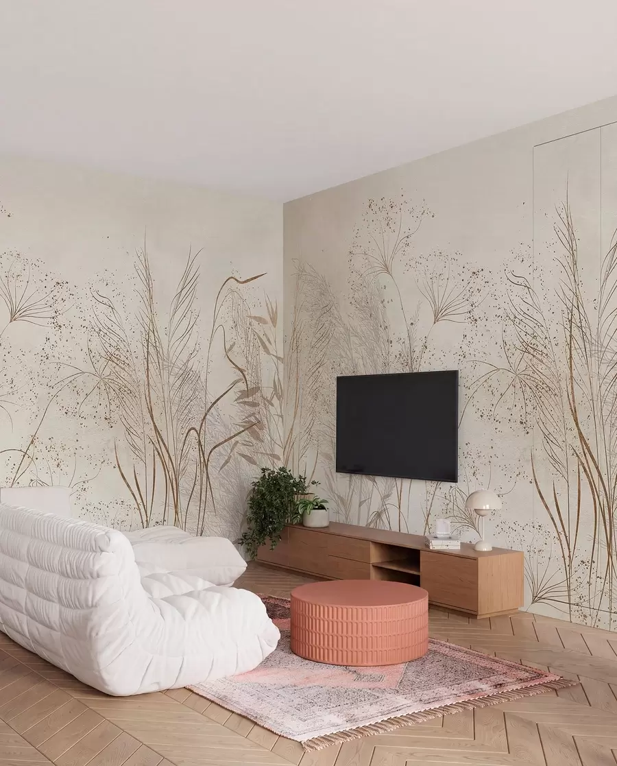 wall murals Једнобојна илустрација разних беж биљака и класова са деликатним, танким линијама и текстурама w08441