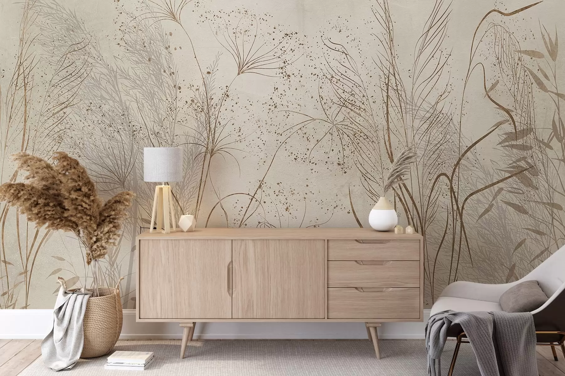 wall murals Једнобојна илустрација разних беж биљака и класова са деликатним, танким линијама и текстурама w08441