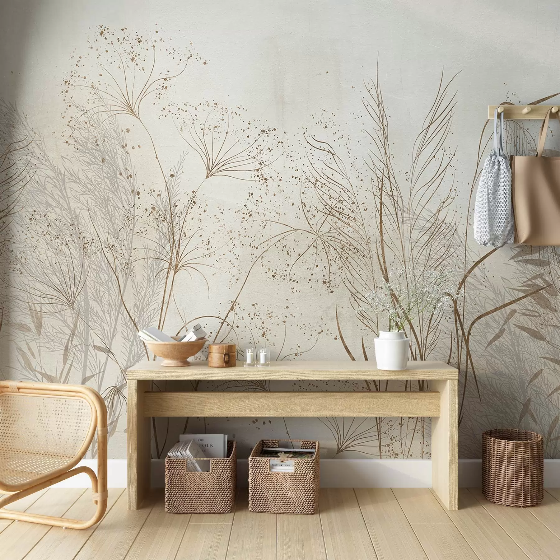 wall murals Једнобојна илустрација разних беж биљака и класова са деликатним, танким линијама и текстурама w08441