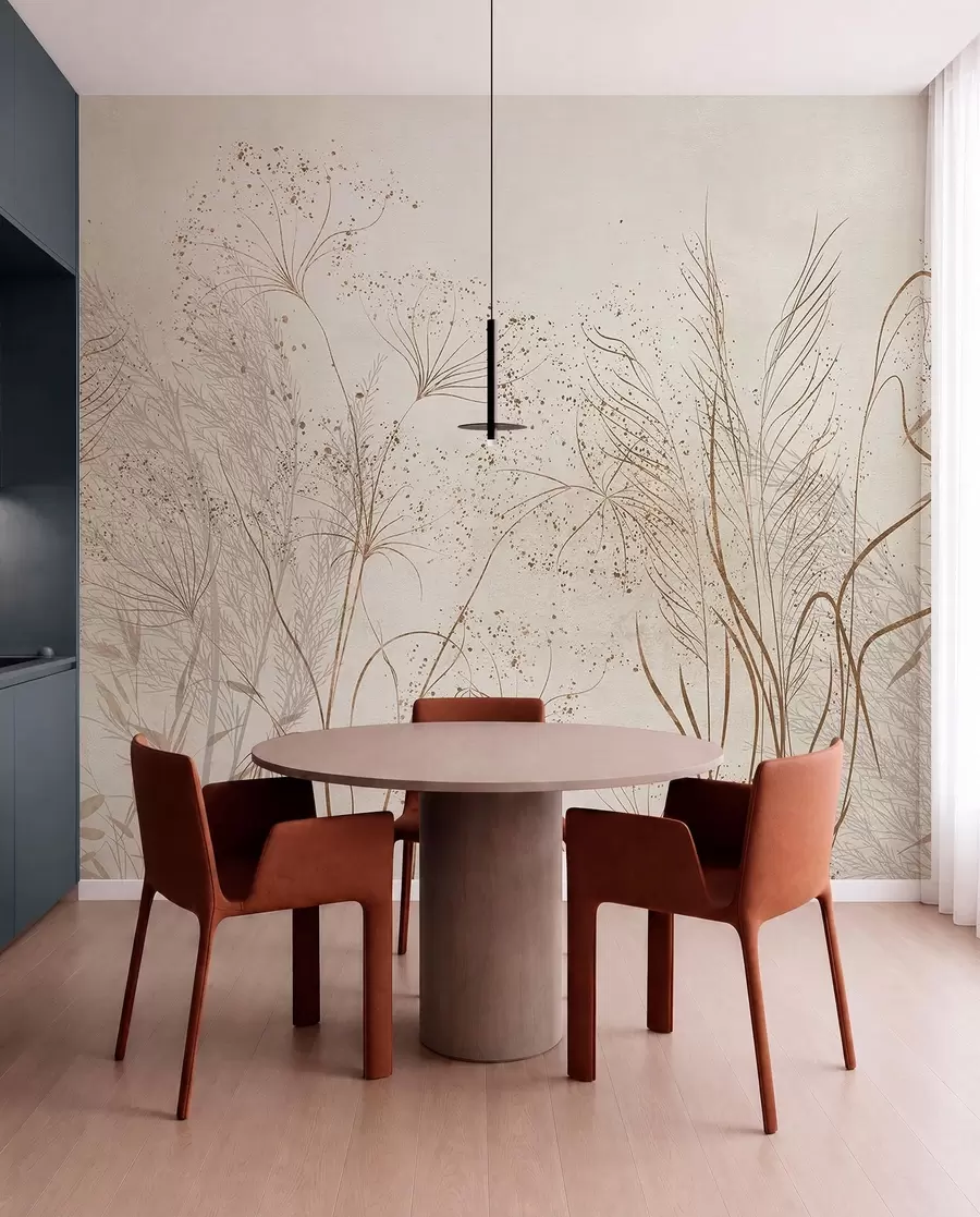 wall murals Једнобојна илустрација разних беж биљака и класова са деликатним, танким линијама и текстурама w08441