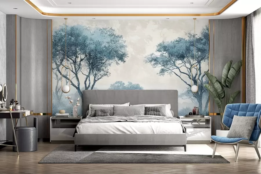 wall murals Магловит, спокојан пејзаж са силуетом дрвећа у првом плану са меком маглом у нијансама плаве и беж w08442