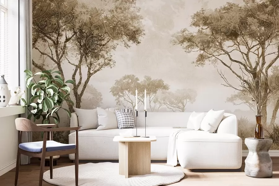 wall murals Магловит, спокојан пејзаж са силуетираним дрвећем у првом плану са меком маглом у нијансама браон и беж w08442v2