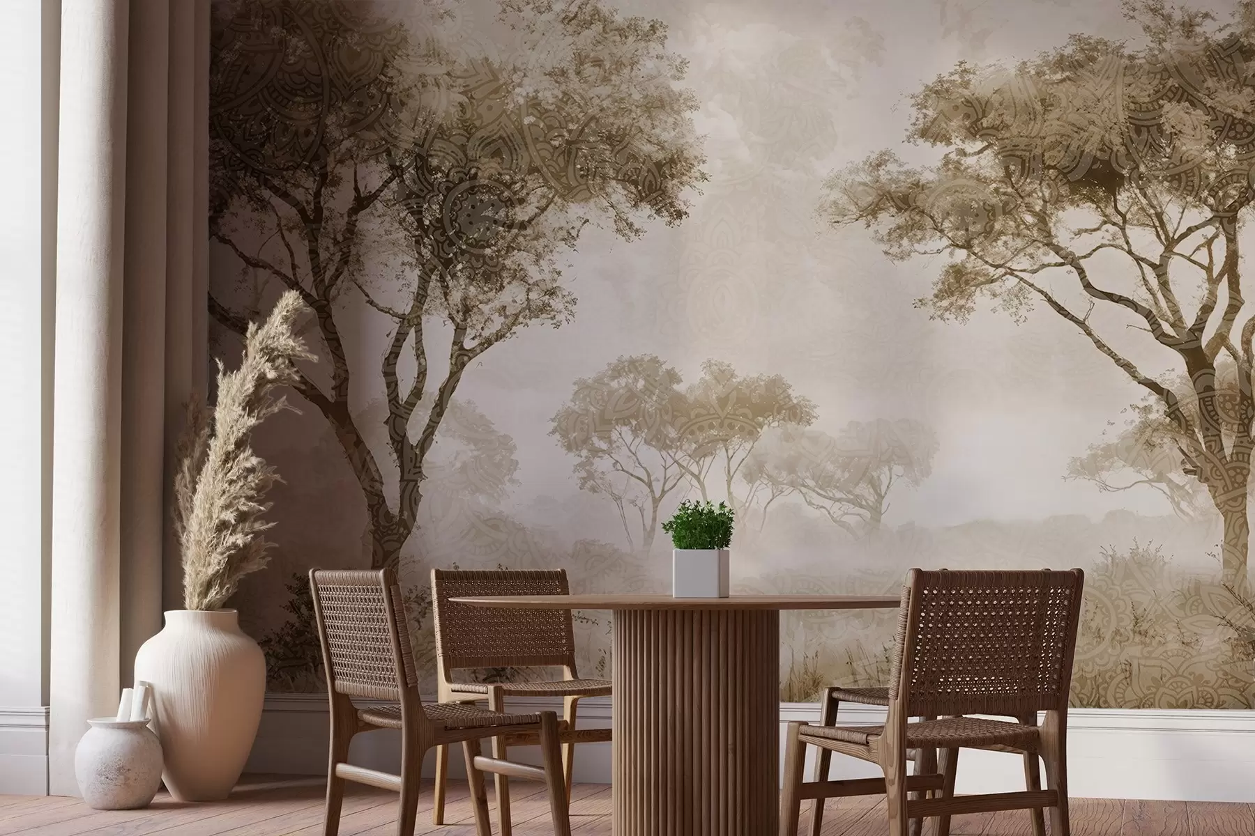 wall murals Магловит, спокојан пејзаж са силуетираним дрвећем у првом плану са меком маглом у нијансама браон и беж w08442v2