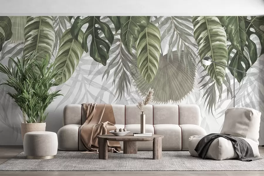 wall murals Тропско лишће у нијансама зелене, укључујући велико лишће монстере и палмино лишће на белој позадини w08443