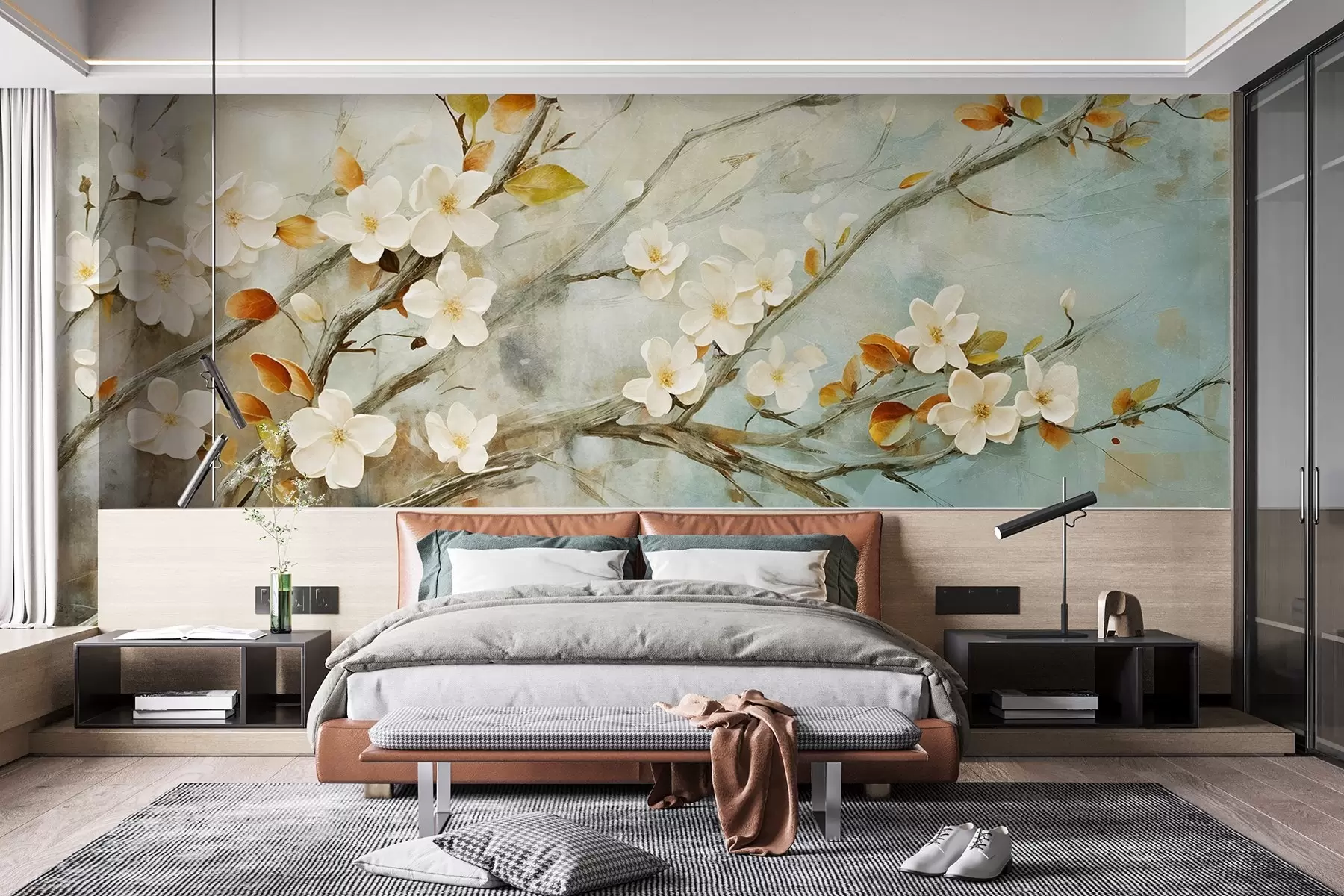 wall murals Цветови беле трешње на гранама на мекој плавој и зеленој позадини у стилу уљаног сликарства w08444