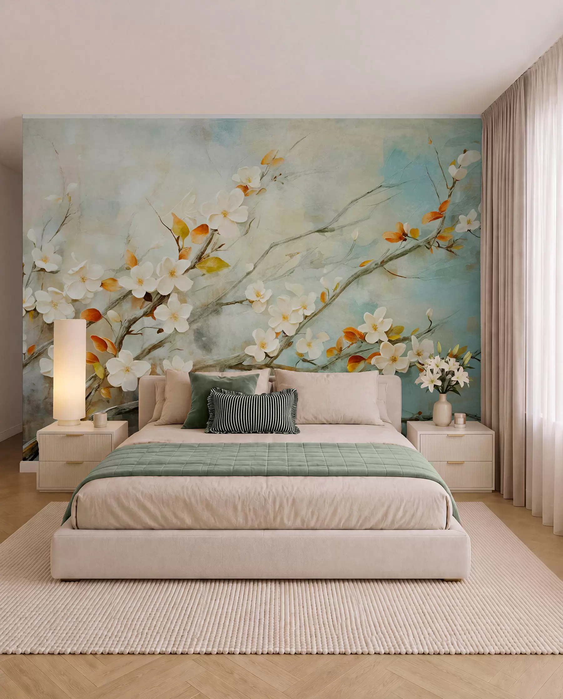 wall murals Цветови беле трешње на гранама на мекој плавој и зеленој позадини у стилу уљаног сликарства w08444