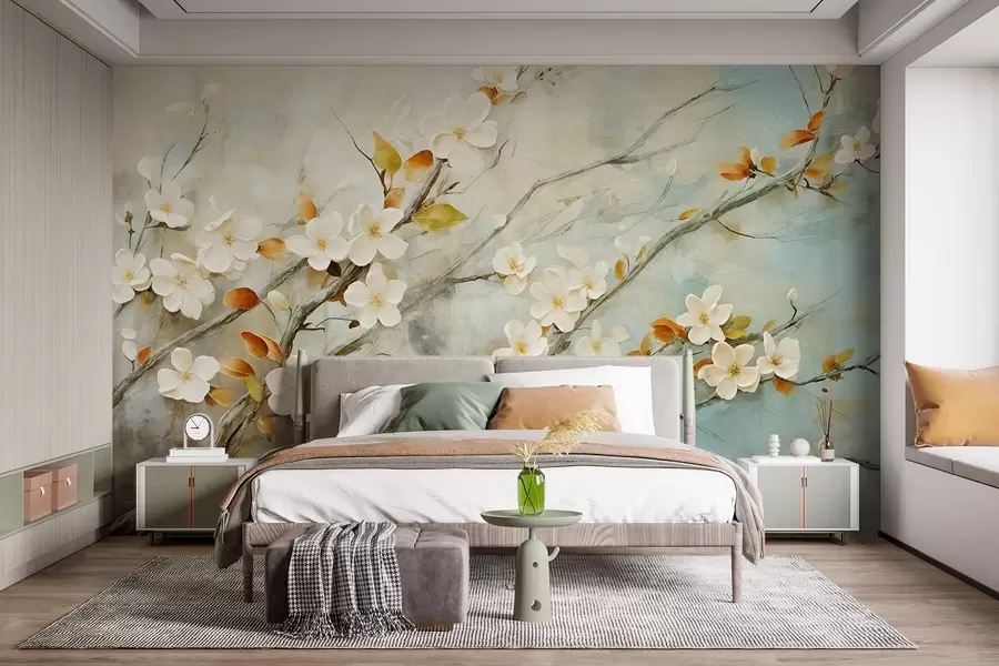 wall murals Цветови беле трешње на гранама на мекој плавој и зеленој позадини у стилу уљаног сликарства w08444