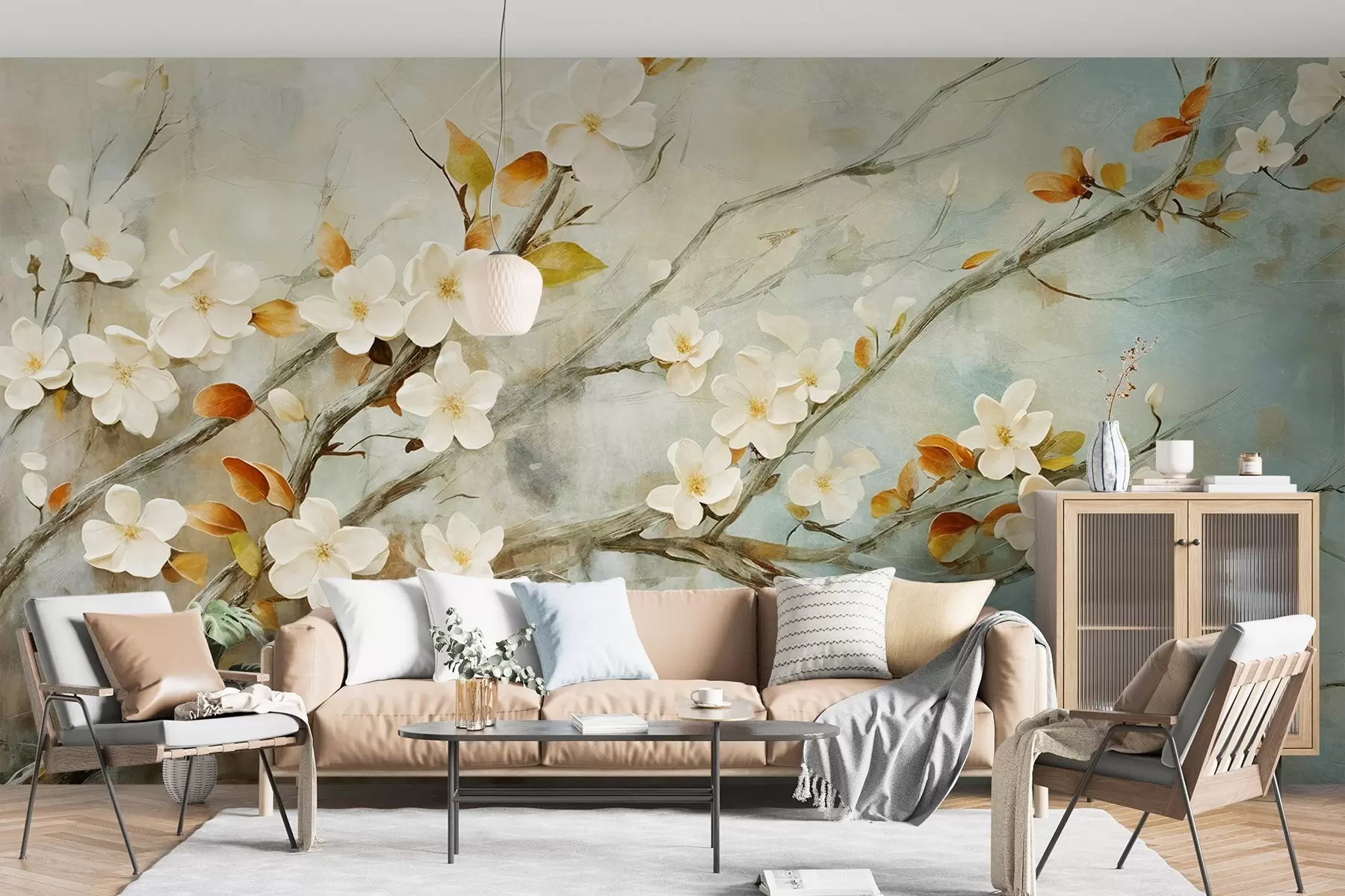 wall murals Цветови беле трешње на гранама на мекој плавој и зеленој позадини у стилу уљаног сликарства w08444