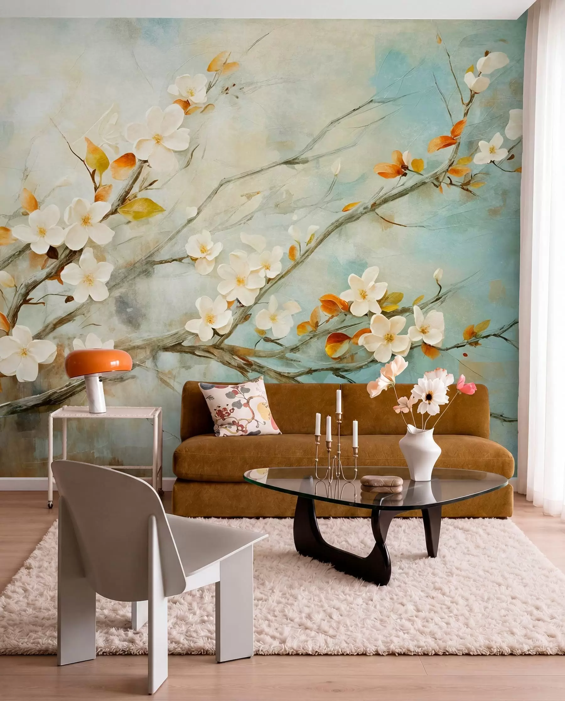wall murals Цветови беле трешње на гранама на мекој плавој и зеленој позадини у стилу уљаног сликарства w08444
