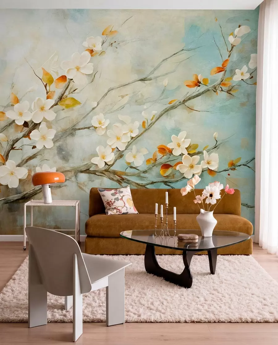 wall murals Цветови беле трешње на гранама на мекој плавој и зеленој позадини у стилу уљаног сликарства w08444
