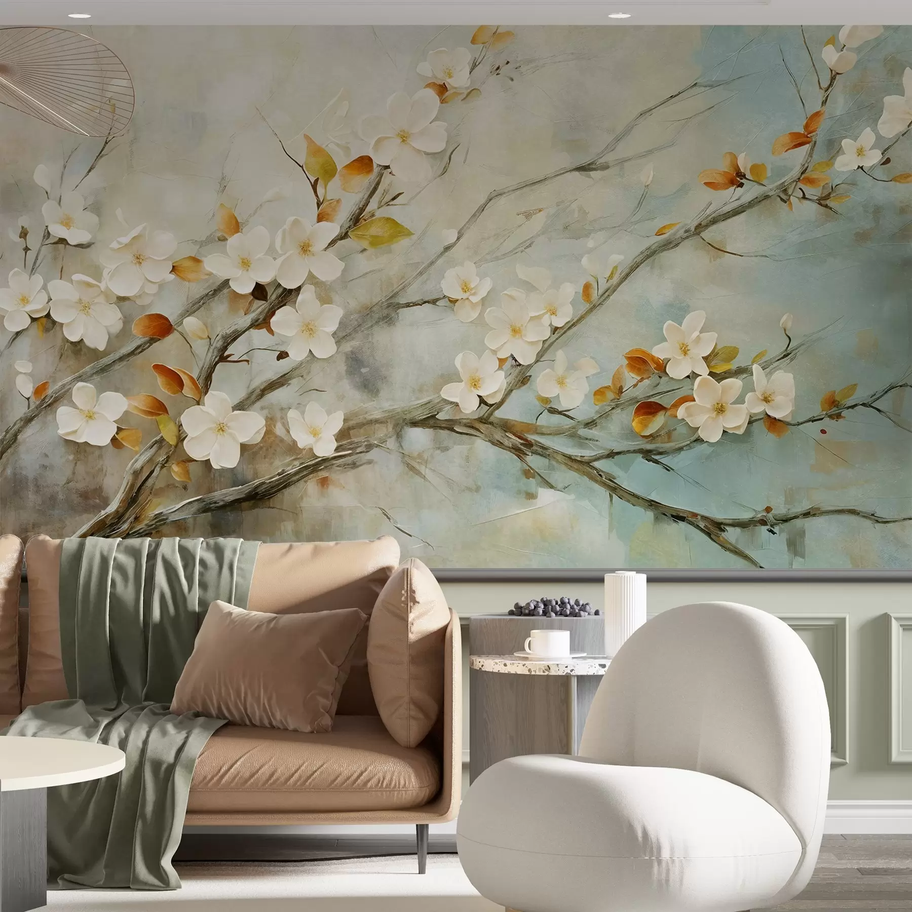 wall murals Цветови беле трешње на гранама на мекој плавој и зеленој позадини у стилу уљаног сликарства w08444