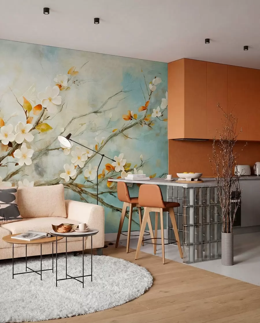 wall murals Цветови беле трешње на гранама на мекој плавој и зеленој позадини у стилу уљаног сликарства w08444