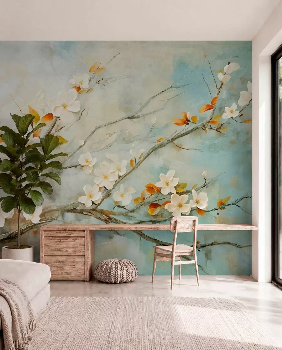 wall murals Цветови беле трешње на гранама на мекој плавој и зеленој позадини у стилу уљаног сликарства w08444