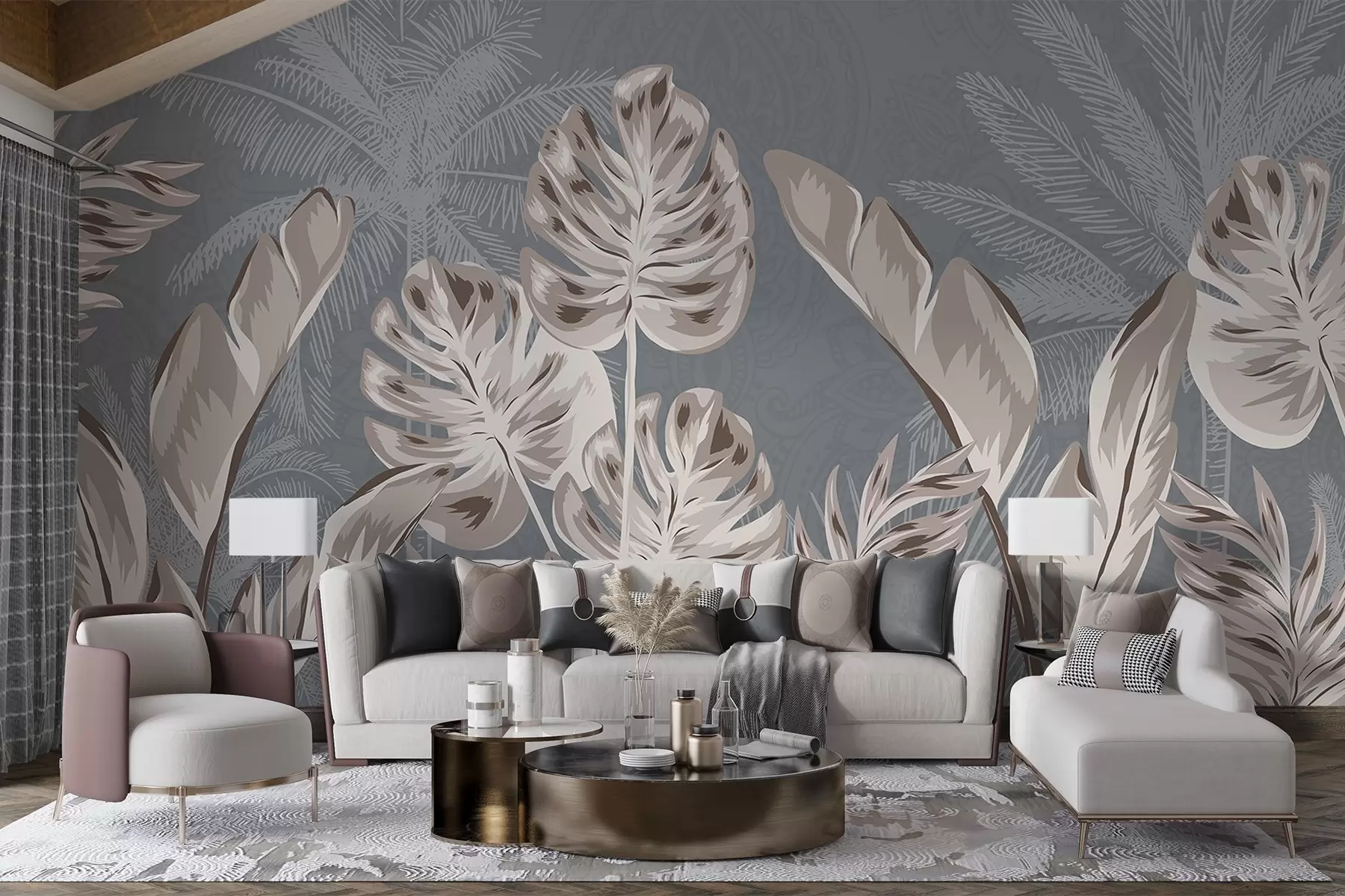 wall murals Велики, деликатни беж листови на пригушеној сивој позадини, стварајући спокојну и етеричну атмосферу w08449