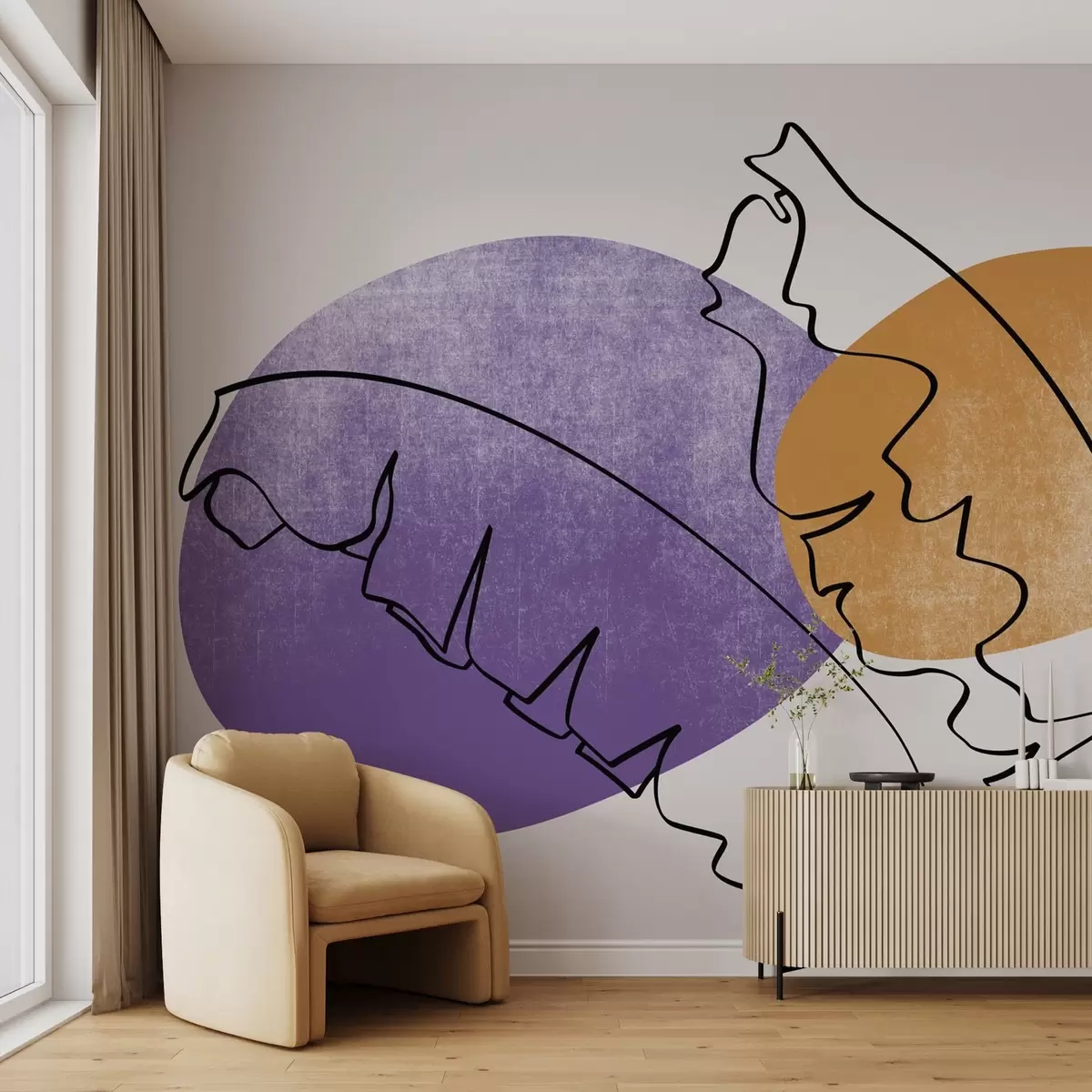 wall murals Цртање линија листова палми банане на љубичастој и наранџастој тачки текстуре w02423v1