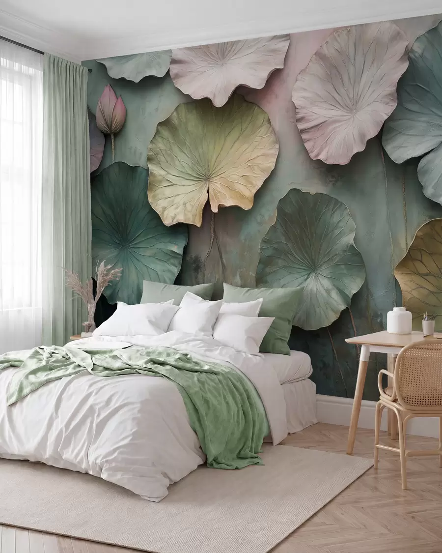 wall murals лотосово лишће у пастелном стилу са ефектом волумена w02441