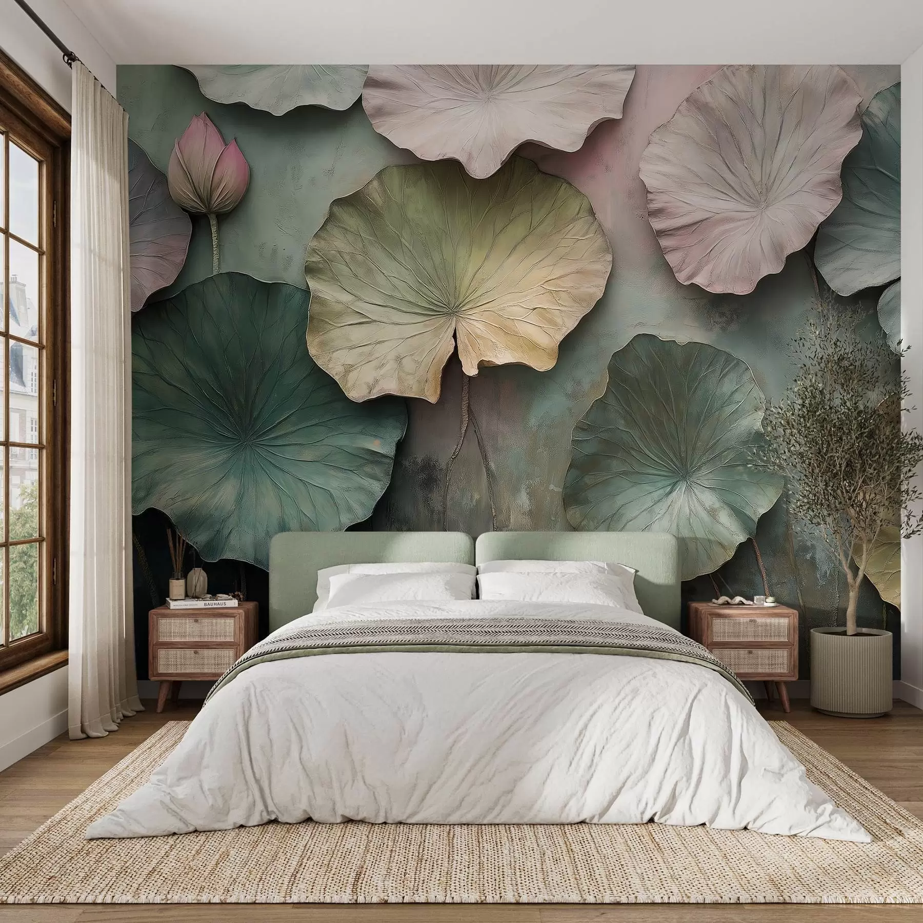 wall murals лотосово лишће у пастелном стилу са ефектом волумена w02441