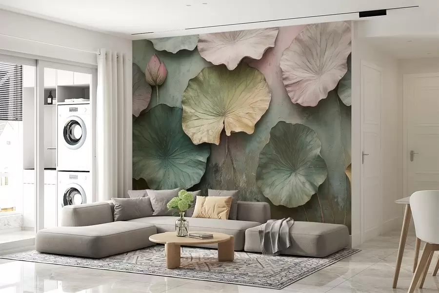 wall murals лотосово лишће у пастелном стилу са ефектом волумена w02441