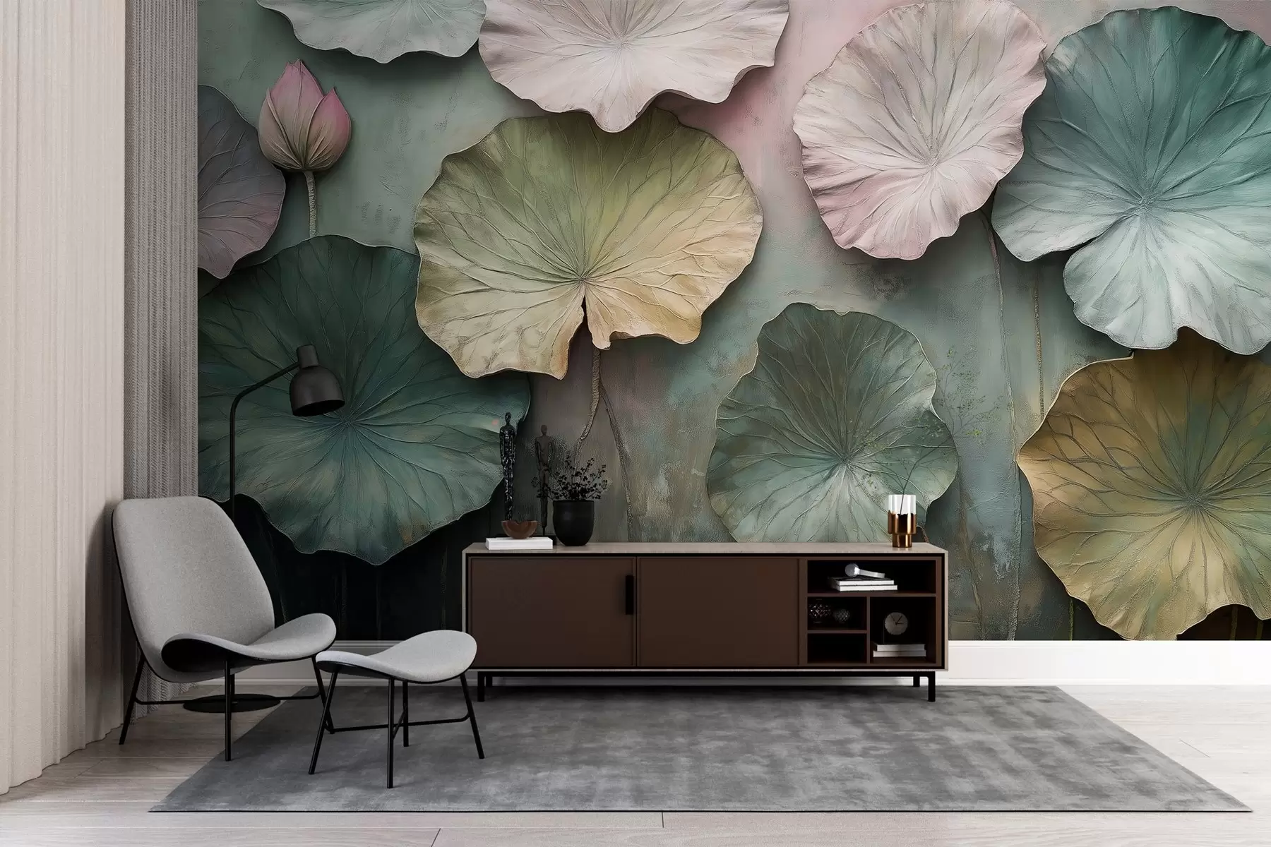 wall murals лотосово лишће у пастелном стилу са ефектом волумена w02441