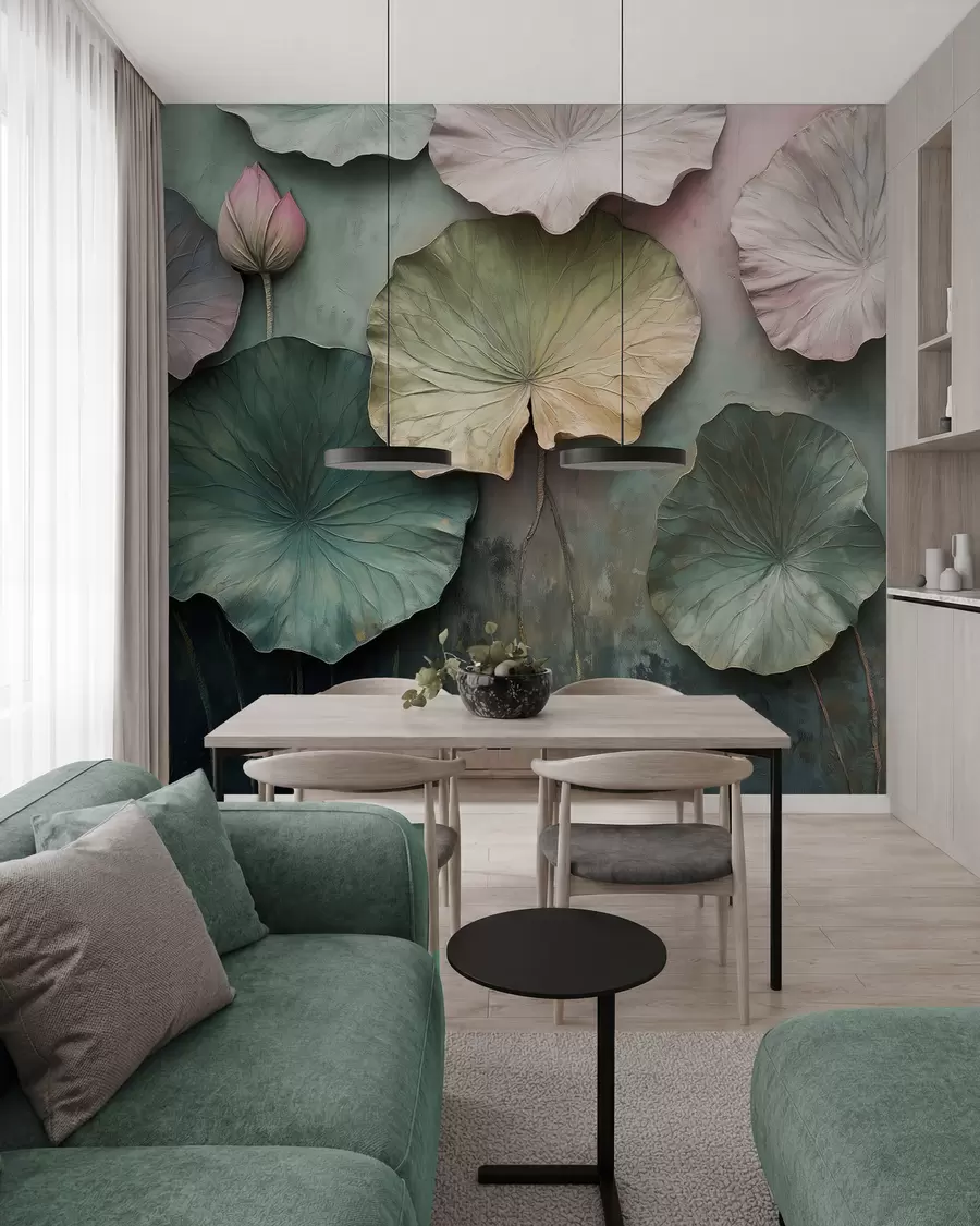 wall murals лотосово лишће у пастелном стилу са ефектом волумена w02441