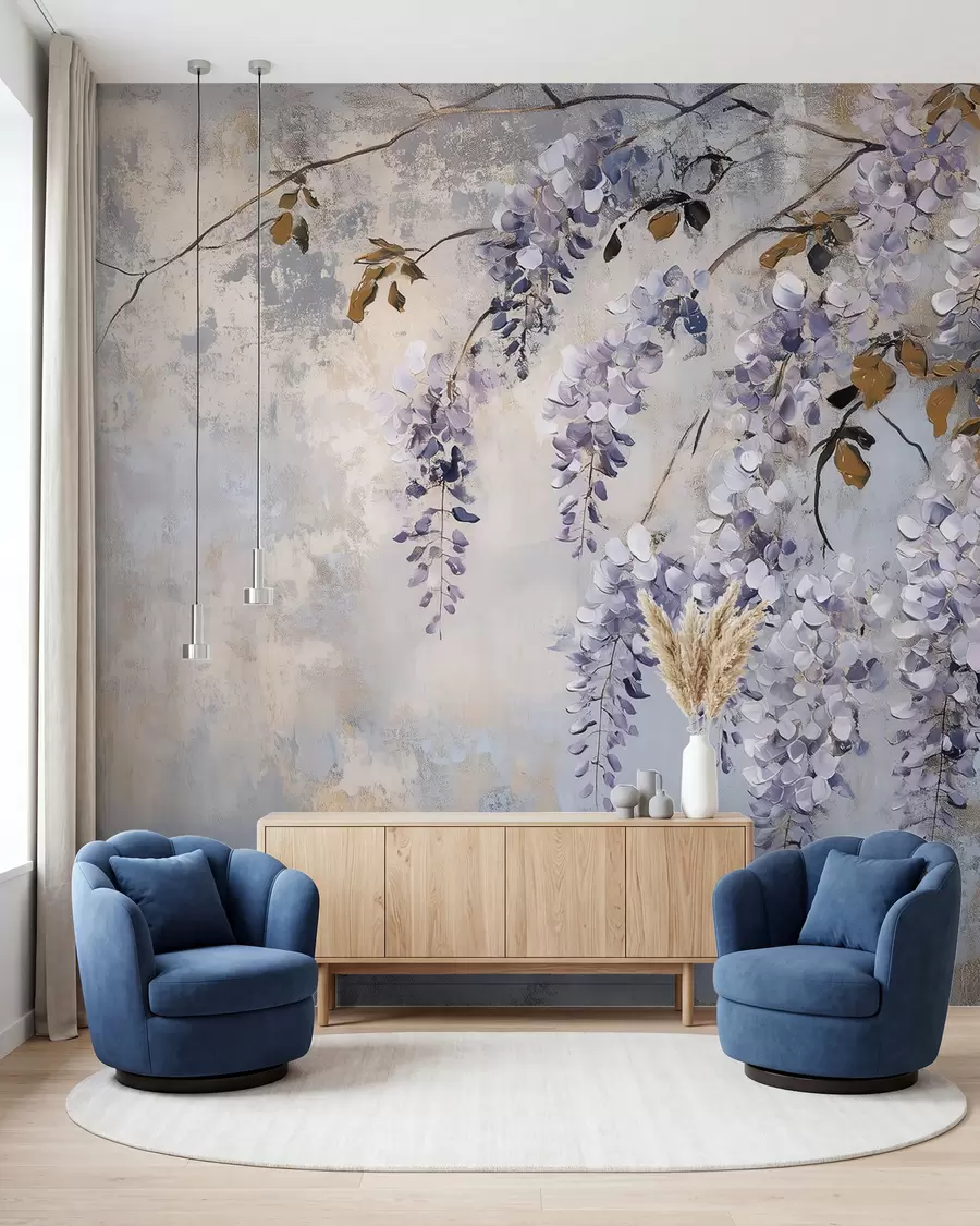 wall murals текстуриране тапете у меким, пригушеним бојама са деликатним цветовима и гранама глициније w02451
