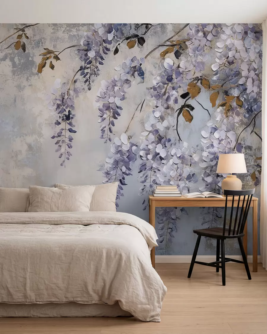 wall murals текстуриране тапете у меким, пригушеним бојама са деликатним цветовима и гранама глициније w02451