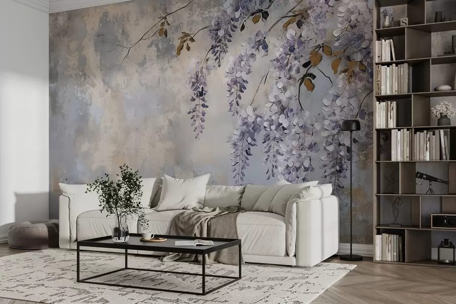 wall murals текстуриране тапете у меким, пригушеним бојама са деликатним цветовима и гранама глициније w02451