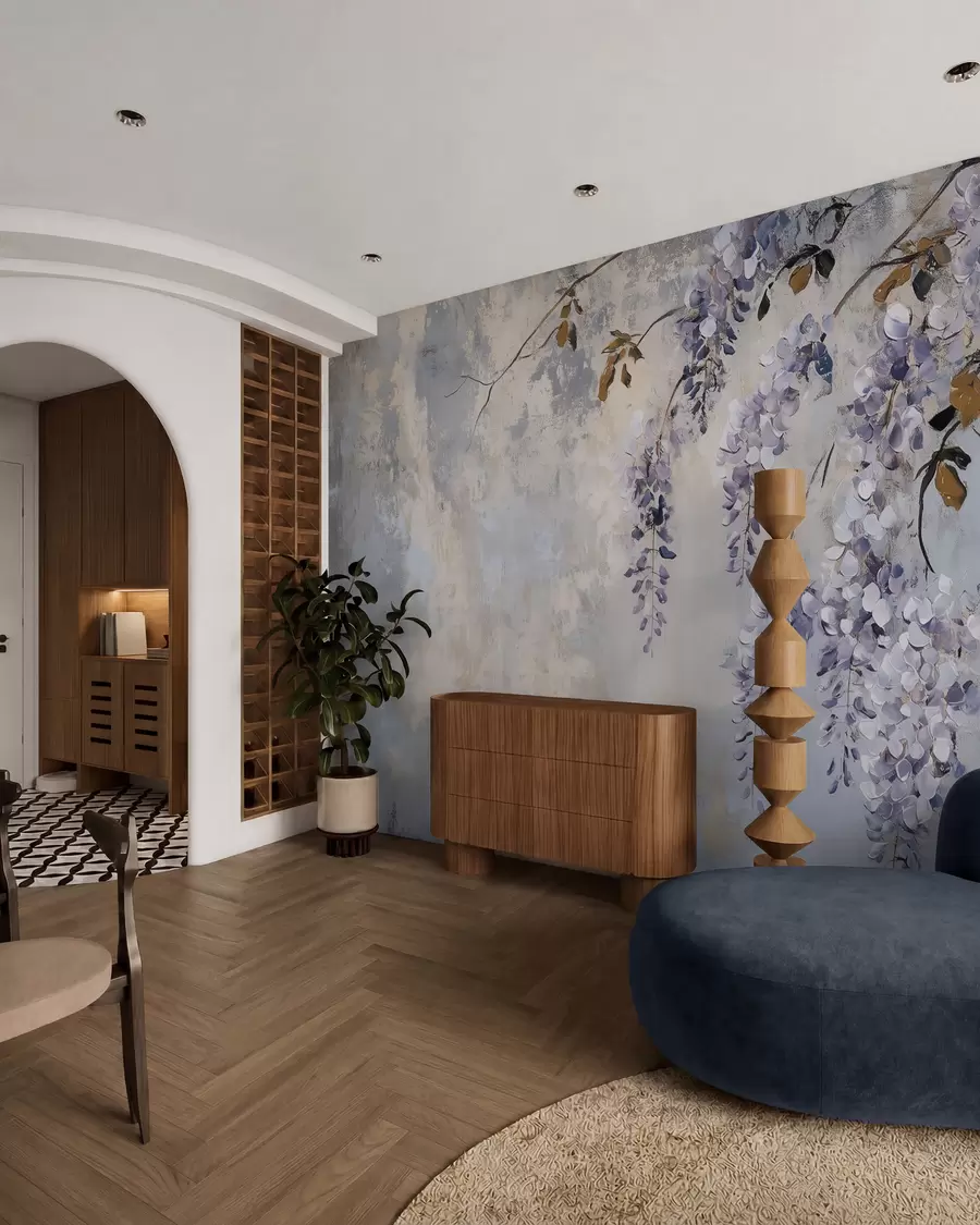wall murals текстуриране тапете у меким, пригушеним бојама са деликатним цветовима и гранама глициније w02451