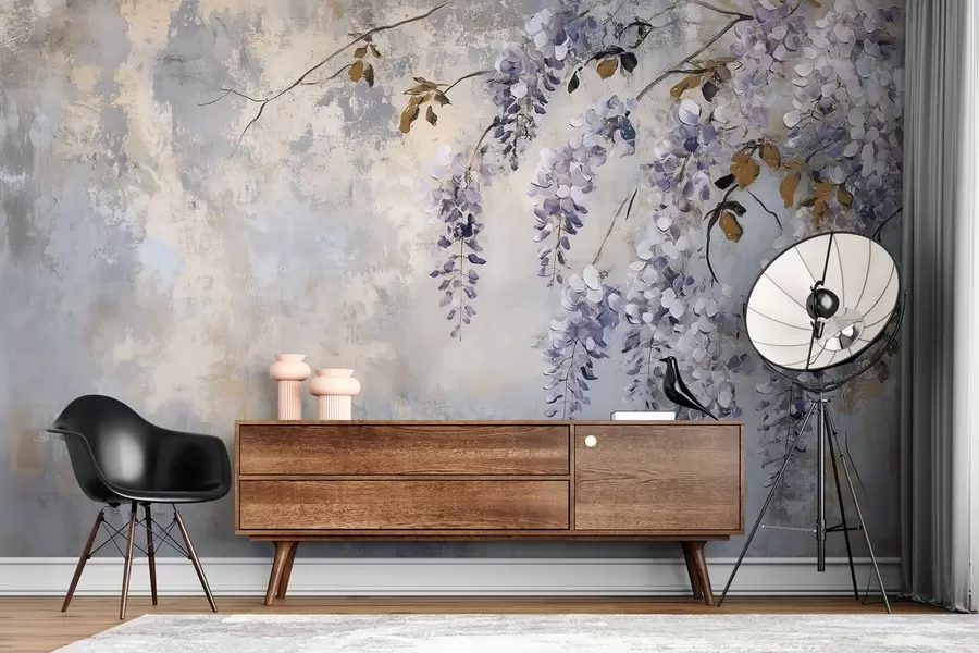 wall murals текстуриране тапете у меким, пригушеним бојама са деликатним цветовима и гранама глициније w02451