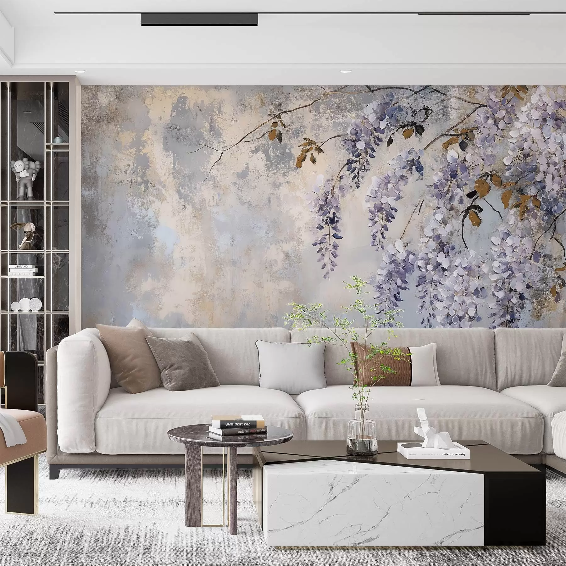wall murals текстуриране тапете у меким, пригушеним бојама са деликатним цветовима и гранама глициније w02451