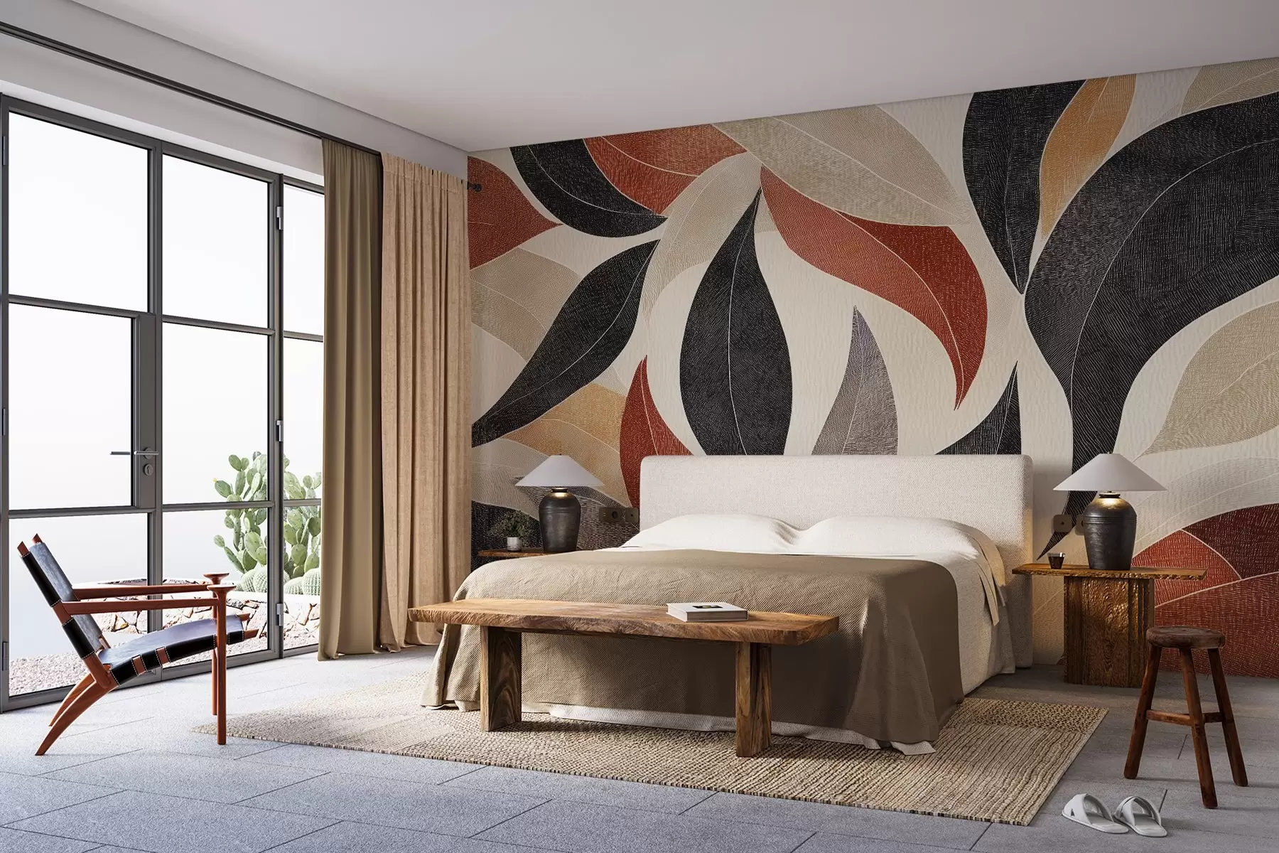 wall murals апстрактни листови у палети земљаних тонова - беж, теракота и тамно сива. w02452