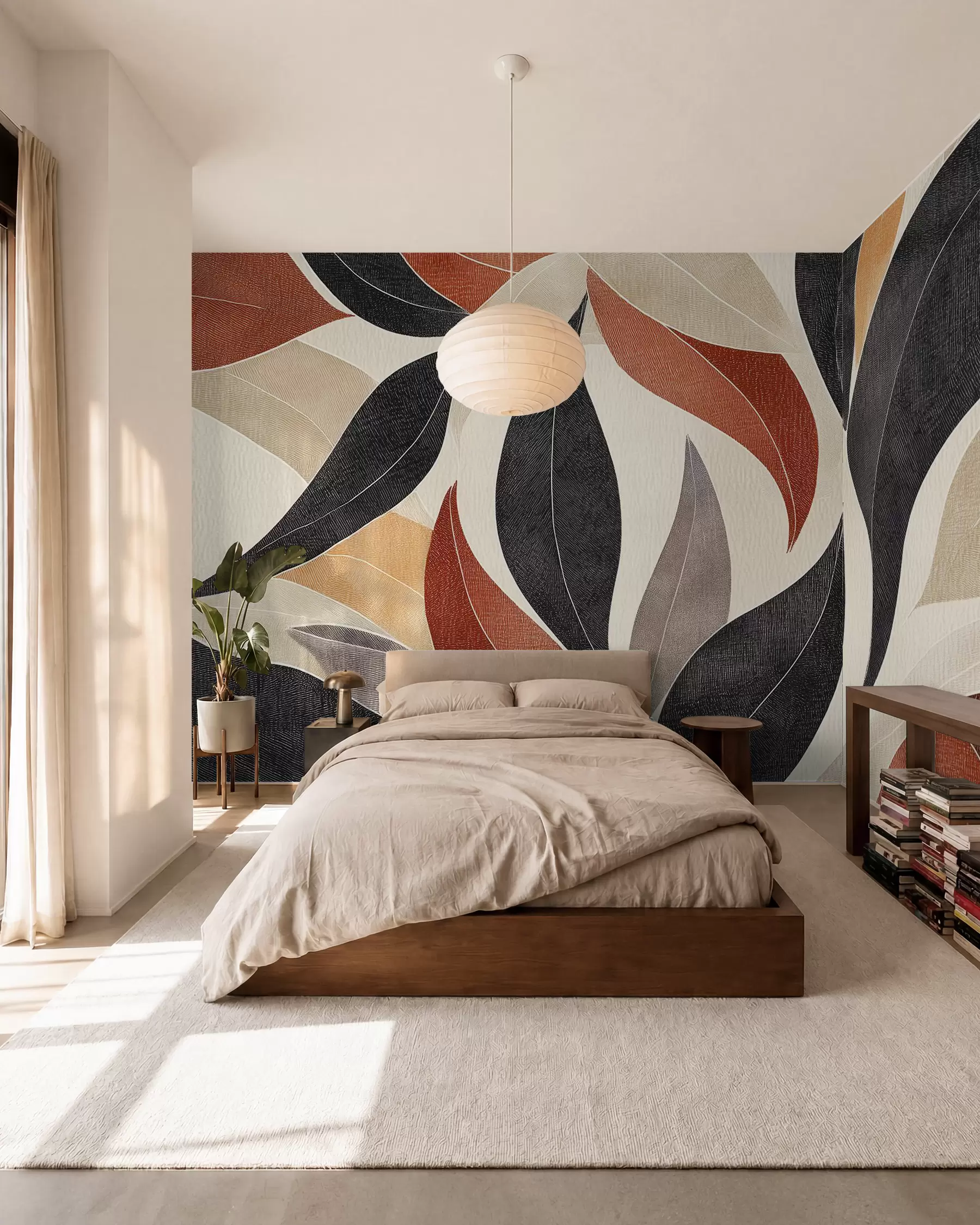 wall murals апстрактни листови у палети земљаних тонова - беж, теракота и тамно сива w02452