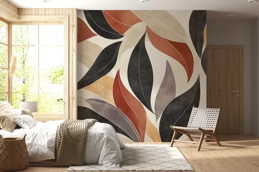 wall murals апстрактни листови у палети земљаних тонова - беж, теракота и тамно сива w02452