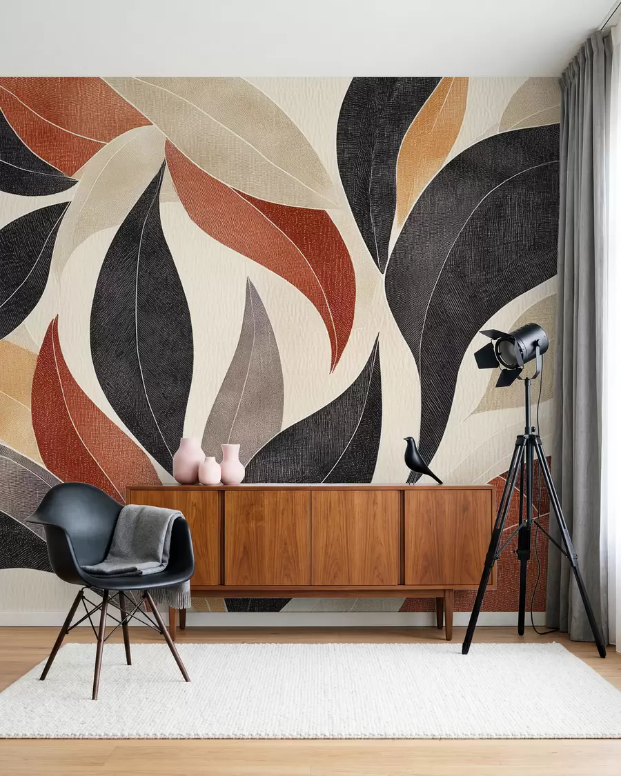 wall murals апстрактни листови у палети земљаних тонова - беж, теракота и тамно сива w02452