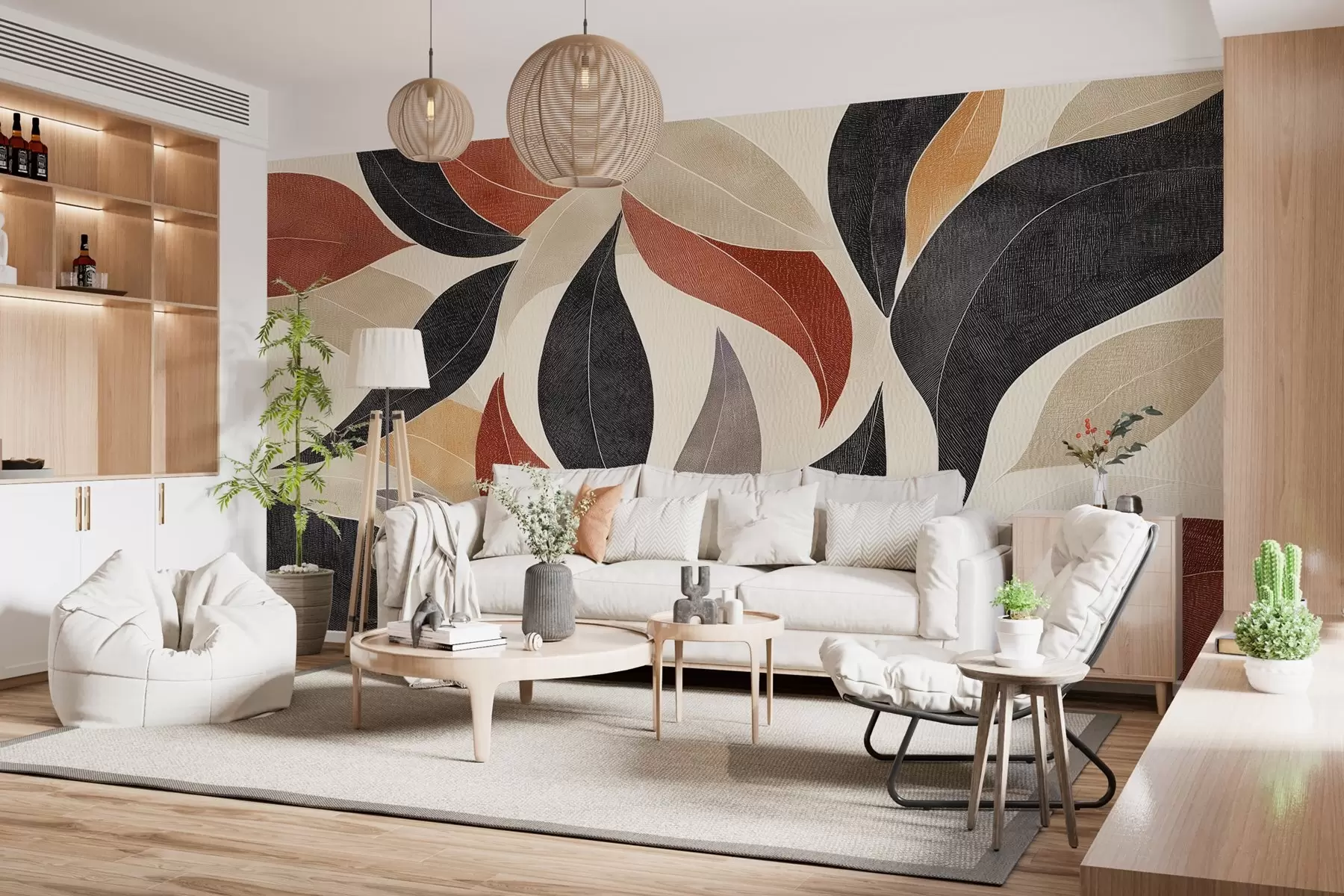 wall murals апстрактни листови у палети земљаних тонова - беж, теракота и тамно сива. w02452