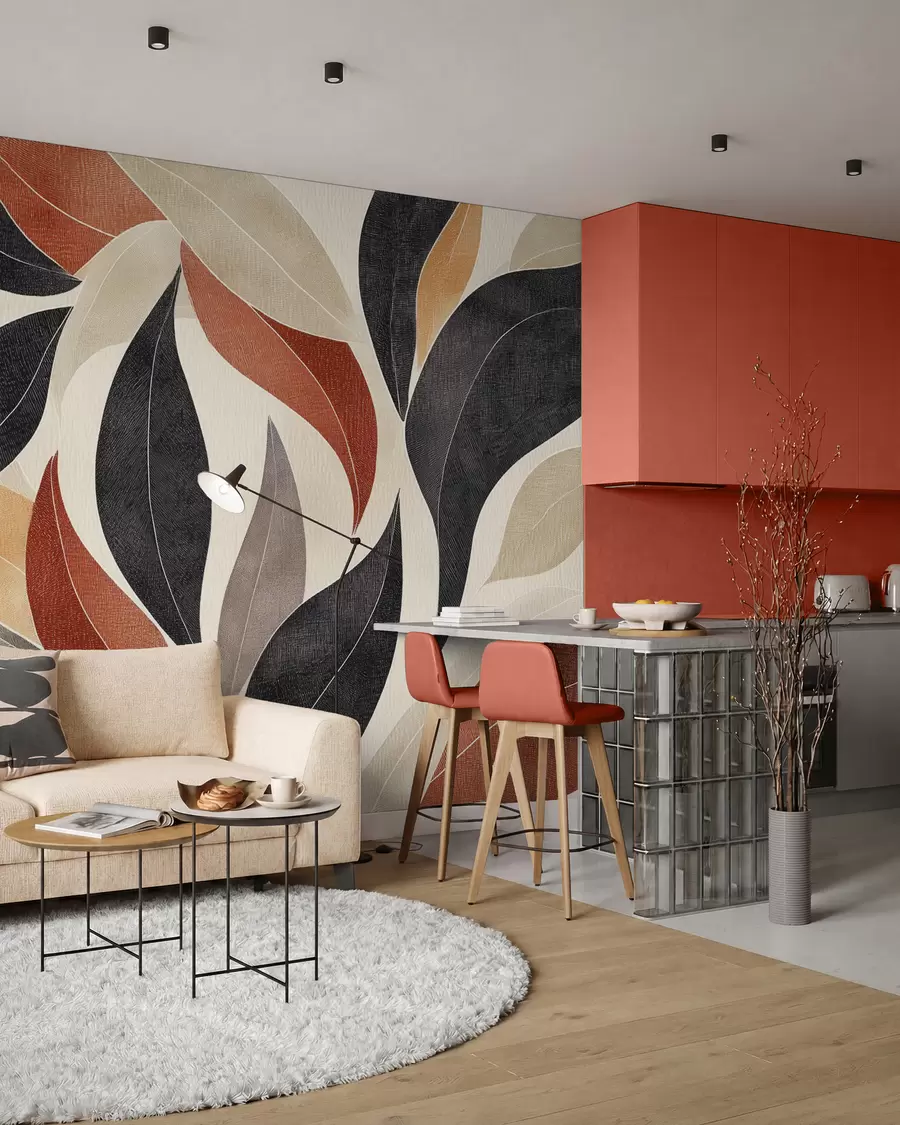 wall murals апстрактни листови у палети земљаних тонова - беж, теракота и тамно сива w02452