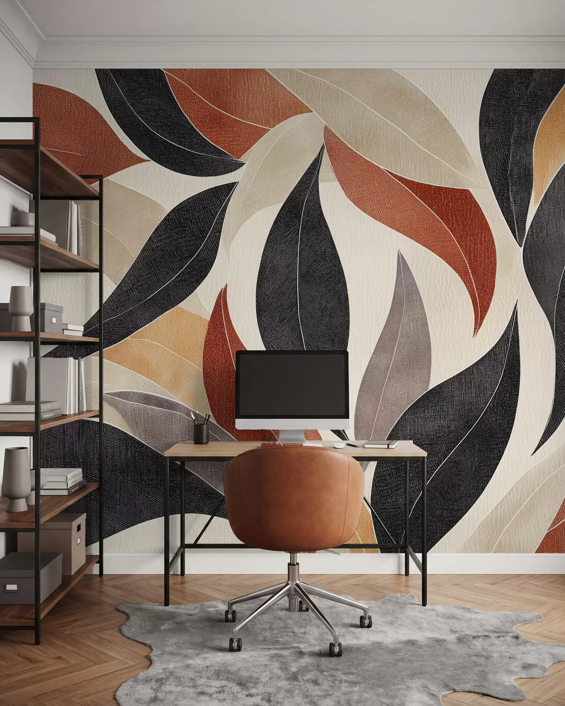 wall murals апстрактни листови у палети земљаних тонова - беж, теракота и тамно сива w02452