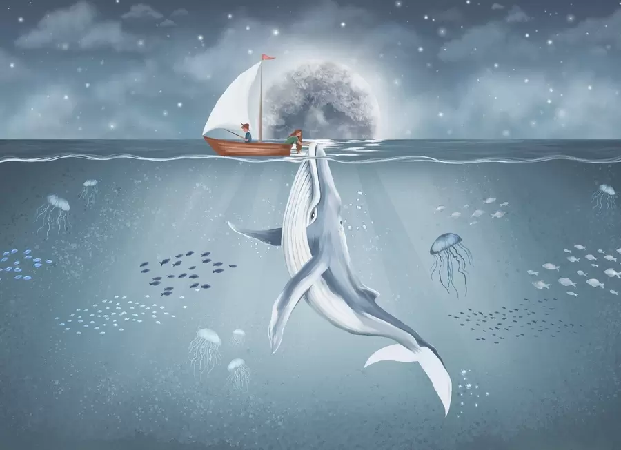 wall murals Дечији дизајн са китом, месецом и чамцем са децом w02476