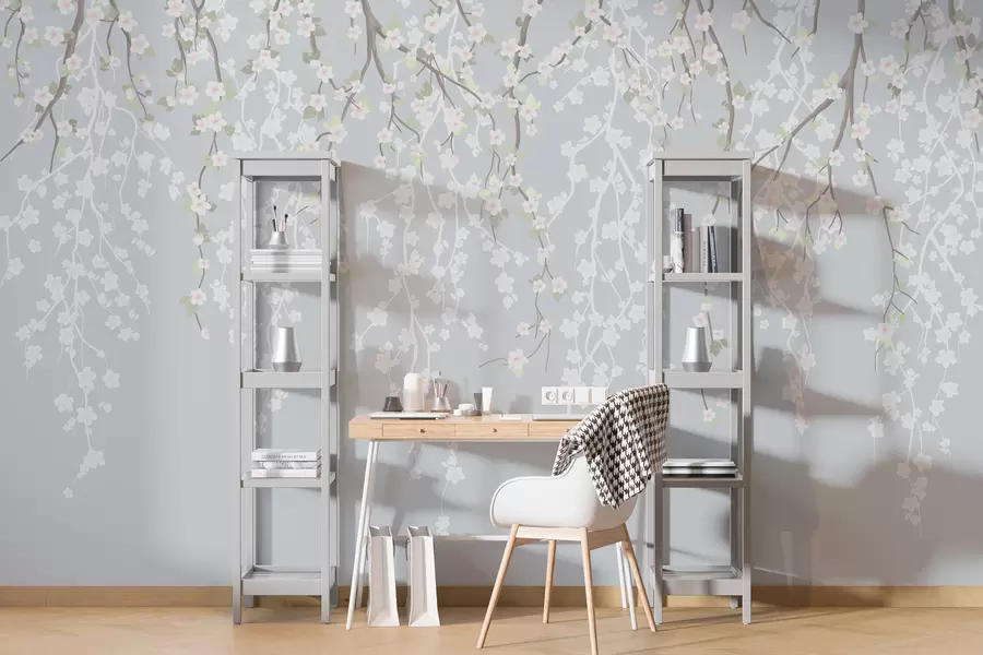 wall murals Падајуће нежне гране са цвећем на плавој позадини w02479