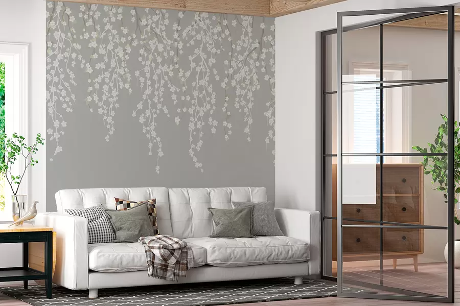 wall murals Текуће деликатне гране са цвећем на сивој позадини w02479v1