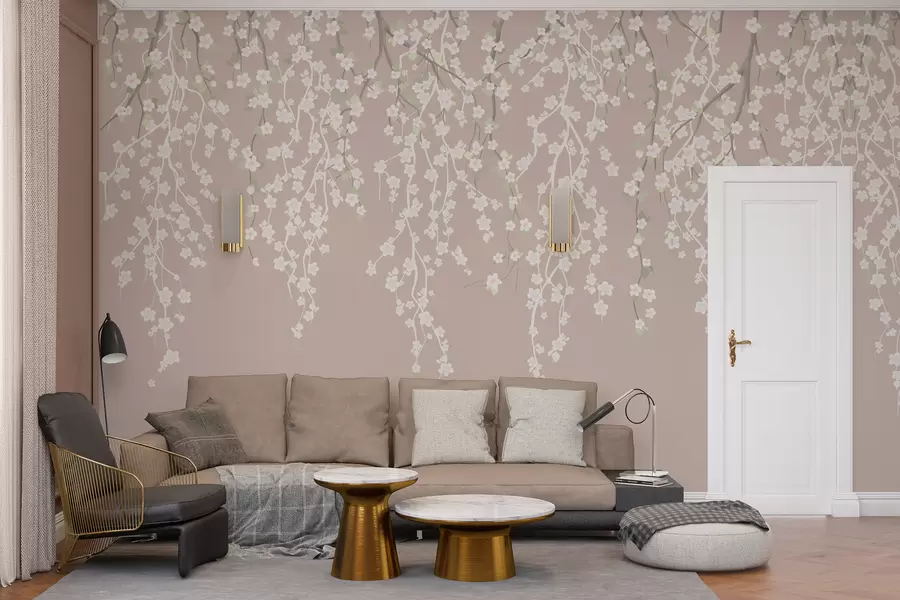 wall murals Текуће деликатне гране са цвећем на пастелној позадини w02479v2