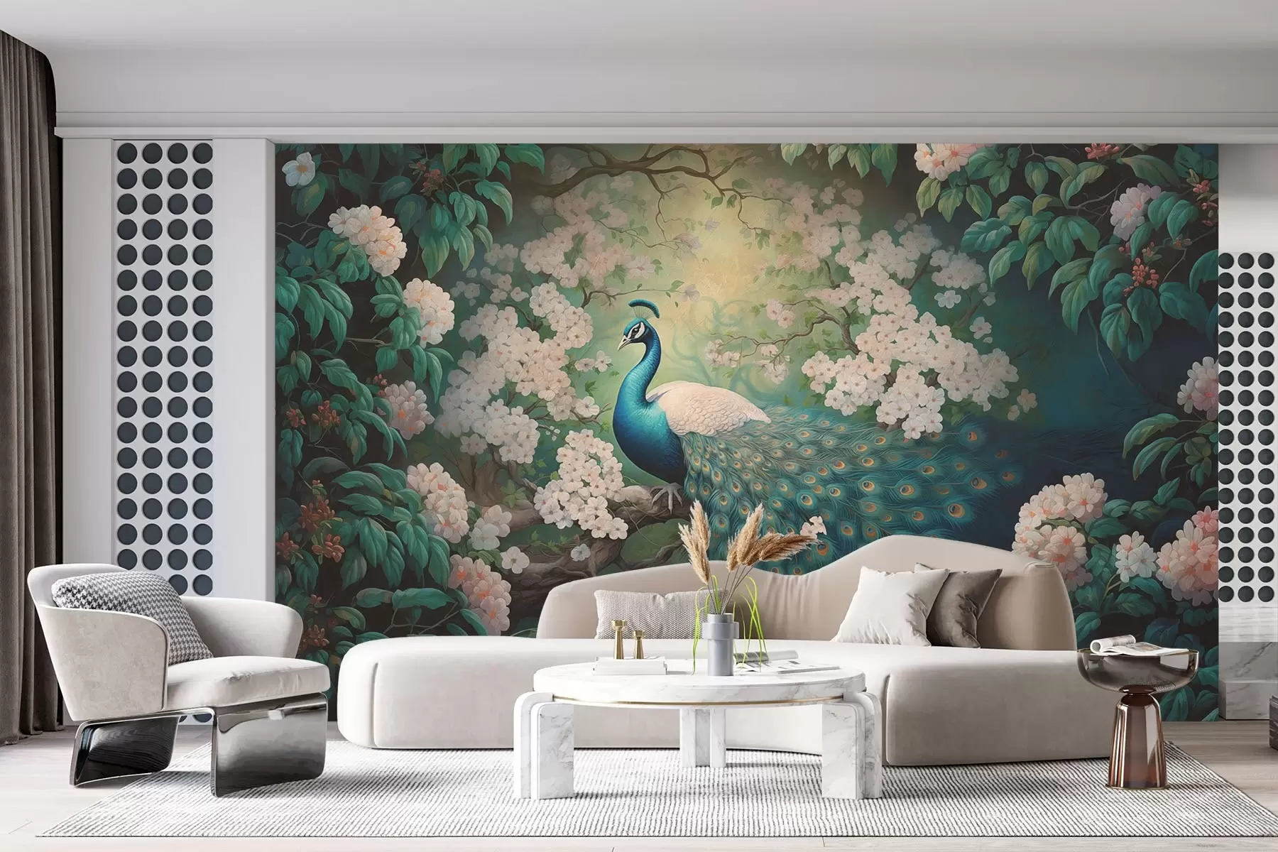 wall murals Прелепи паун на гранама међу малим цвећем w08475