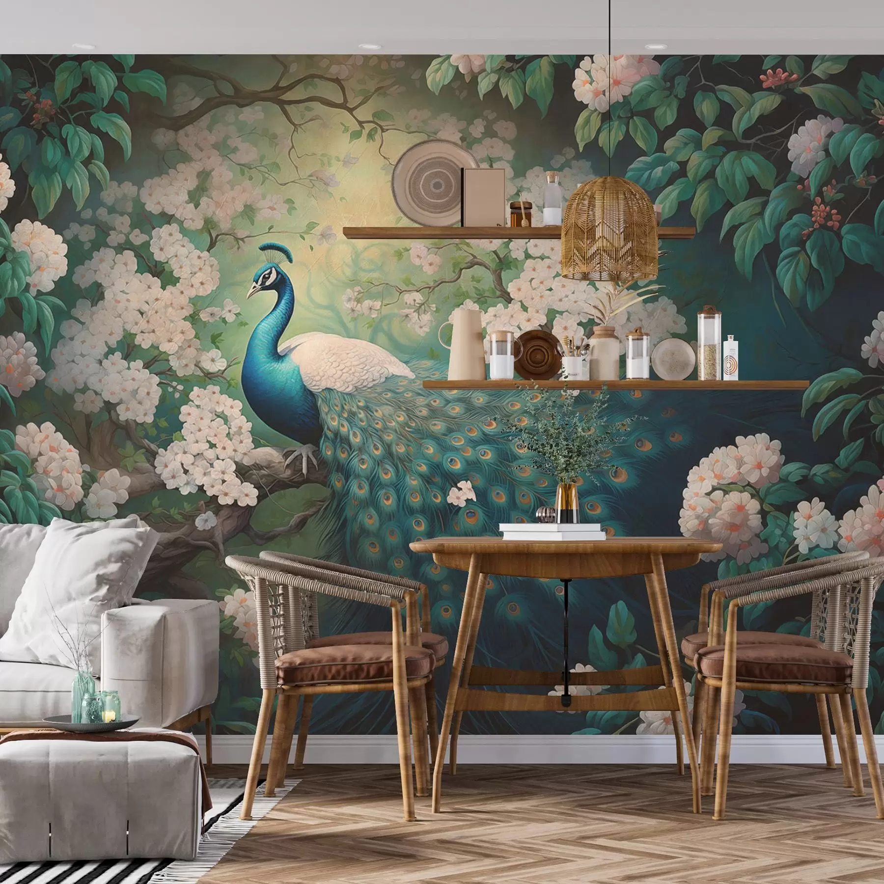 wall murals Прелепи паун на гранама међу малим цвећем w08475