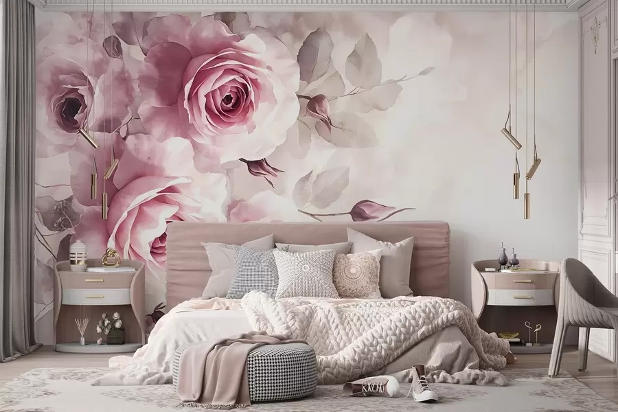 wall murals Нежне пастелне ружичасте руже и лишће са меком, замагљеном позадином имитације акварела w08459